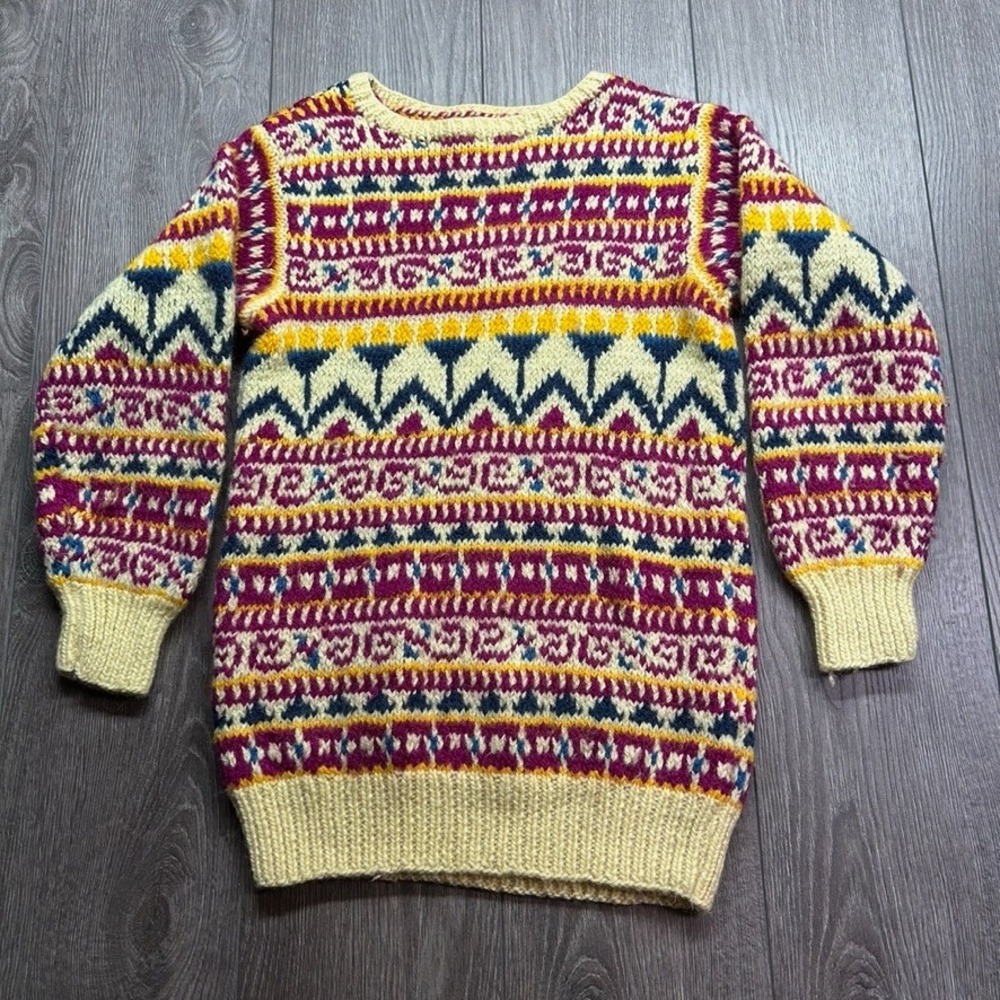 Vintage 70s Hand Knit Wool Fair Isle Sweater Mens Medium Geometric Multicolor